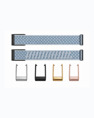 CloudKnit Blue Mist strap shown flat with silver, black, gold and rose gold connector options