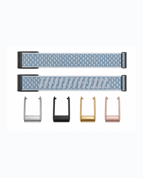 CloudKnit Blue Mist strap shown flat with silver, black, gold and rose gold connector options