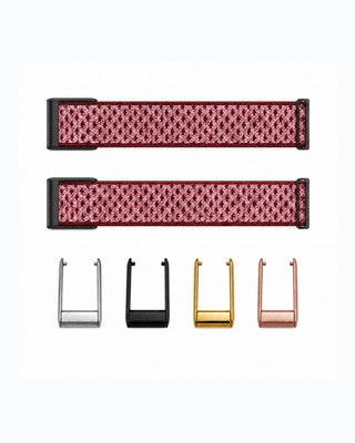 CloudKnit Garnet strap shown flat with silver, black, gold and rose gold connector options