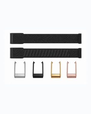 CloudKnit Onyx strap shown flat with silver, black, gold and rose gold connector options