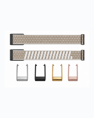 CloudKnit Pebble strap shown flat with silver, black, gold and rose gold connector options