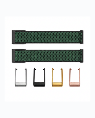 CloudKnit Sage strap shown flat with silver, black, gold and rose gold connector options