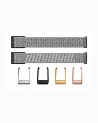 CloudKnit Slate strap shown flat with silver, black, gold and rose gold connector options