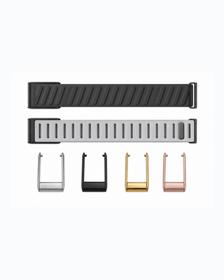 SportFlex Black Frost strap shown flat with silver, black, gold and rose gold connector options
