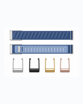 SportFlex Cobalt strap shown flat with silver, black, gold and rose gold connector options