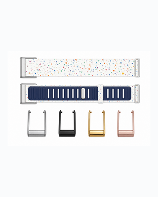 SportFlex Confetti White strap shown flat with silver, black, gold and rose gold connector options
