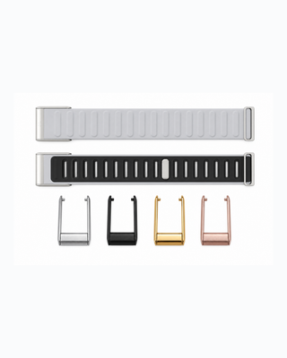 SportFlex Fog Black strap shown flat with silver, black, gold and rose gold connector options