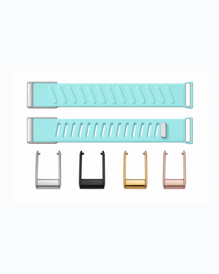 SportFlex Ice Blue strap shown flat with silver, black, gold and rose gold connector options