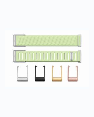 SportFlex Mint strap shown flat with silver, black, gold and rose gold connector options