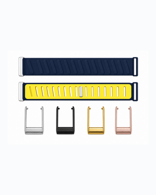 SportFlex Navy Yellow strap shown flat with silver, black, gold and rose gold connector options
