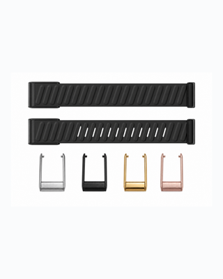SportFlex Onyx strap shown flat with silver, black, gold and rose gold connector options