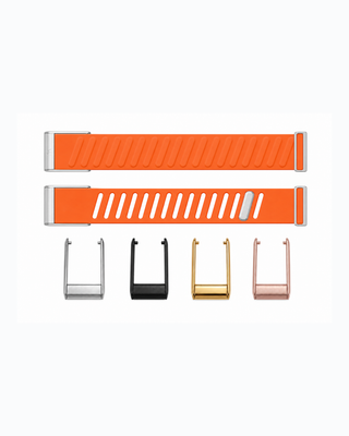 SportFlex Signal Orange strap shown flat with silver, black, gold and rose gold connector options