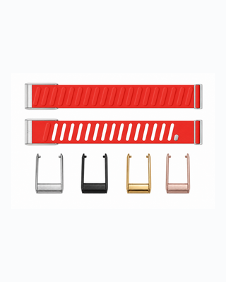 SportFlex Signal Red strap shown flat with silver, black, gold and rose gold connector options