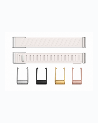 SportFlex Starlight strap shown flat with silver, black, gold and rose gold connector options