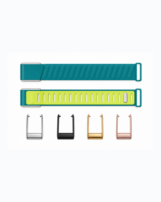 SportFlex Teal Lime strap shown flat with silver, black, gold and rose gold connector options