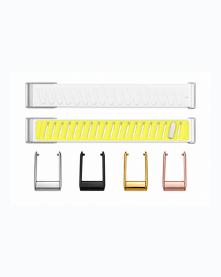 SportFlex White Volt strap shown flat with silver, black, gold and rose gold connector options