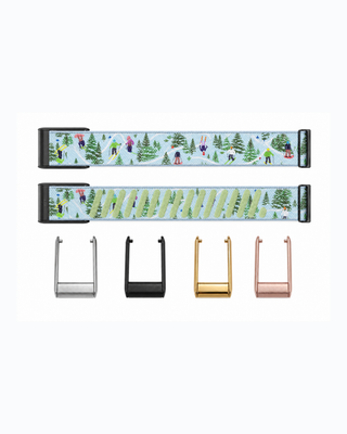 SuperKnit Alpine Sketch strap shown flat with silver, black, gold and rose gold connector options