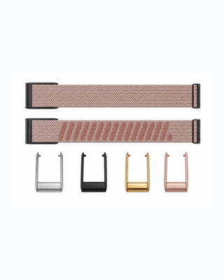 SuperKnit Amber Blush strap shown flat with silver, black, gold and rose gold connector options