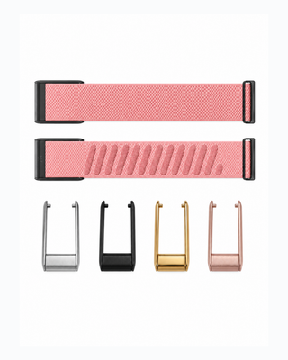 SuperKnit Blossom strap shown flat with silver, black, gold and rose gold connector options