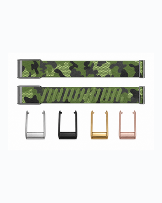 SuperKnit Camo Forest strap shown flat with silver, black, gold and rose gold connector options