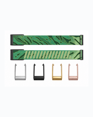 SuperKnit Camo Lime strap shown flat with silver, black, gold and rose gold connector options