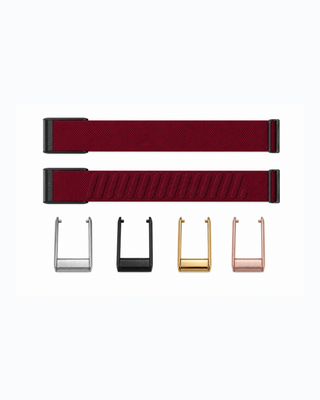 SuperKnit Crimson strap shown flat with silver, black, gold and rose gold connector options