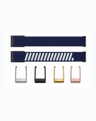 SuperKnit Denim strap shown flat with silver, black, gold and rose gold connector options