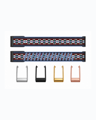 SuperKnit Desert Geo strap shown flat with silver, black, gold and rose gold connector options