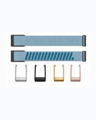 SuperKnit Diamond Blue strap shown flat with silver, black, gold and rose gold connector options