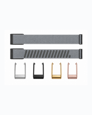 SuperKnit Dusk Grey strap shown flat with silver, black, gold and rose gold connector options