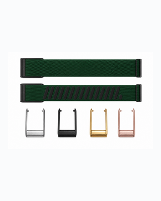 SuperKnit Forest strap shown flat with silver, black, gold and rose gold connector options