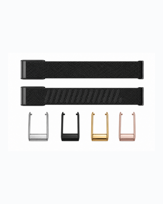 SuperKnit Graphite strap shown flat with silver, black, gold and rose gold connector options