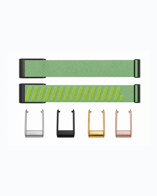 SuperKnit Lime strap shown flat with silver, black, gold and rose gold connector options