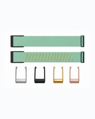 SuperKnit Lotus strap shown flat with silver, black, gold and rose gold connector options