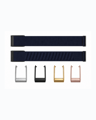 SuperKnit Midnight Navy strap shown flat with silver, black, gold and rose gold connector options