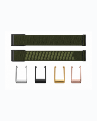 SuperKnit Moss strap shown flat with silver, black, gold and rose gold connector options