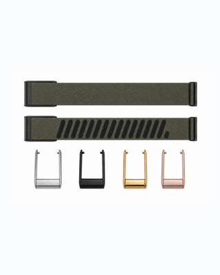 SuperKnit Moss Grey strap shown flat with silver, black, gold and rose gold connector options