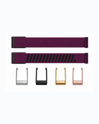 SuperKnit Plum strap shown flat with silver, black, gold and rose gold connector options