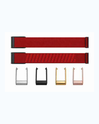 SuperKnit Red strap shown flat with silver, black, gold and rose gold connector options