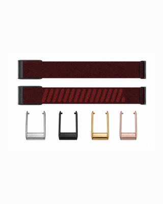 SuperKnit Rust Red strap shown flat with silver, black, gold and rose gold connector options