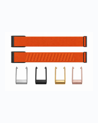 SuperKnit Signal Orange strap shown flat with silver, black, gold and rose gold connector options