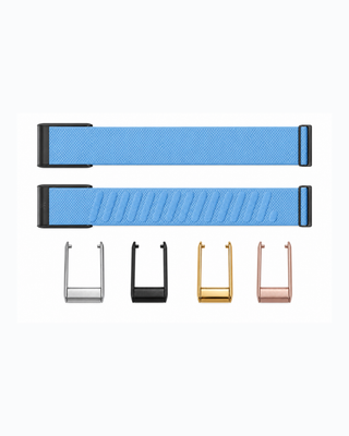 SuperKnit Sky Blue strap shown flat with silver, black, gold and rose gold connector options