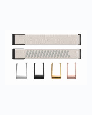 SuperKnit Starlight strap shown flat with silver, black, gold and rose gold connector options