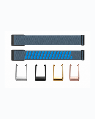 SuperKnit Steel Blue strap shown flat with silver, black, gold and rose gold connector options