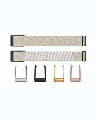 SuperKnit Stone strap shown flat with silver, black, gold and rose gold connector options
