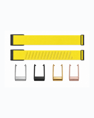 SuperKnit Sunbeam strap shown flat with silver, black, gold and rose gold connector options