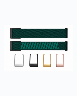 SuperKnit Teal strap shown flat with silver, black, gold and rose gold connector options