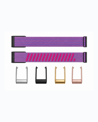 SuperKnit Violet strap shown flat with silver, black, gold and rose gold connector options