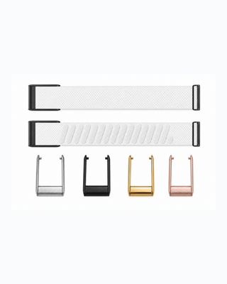 SuperKnit White strap shown flat with silver, black, gold and rose gold connector options
